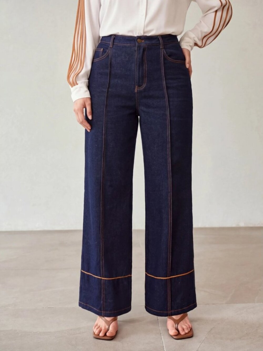 Dark Indigo Contrast Stitch High Waist Wide Leg Denim Jeans